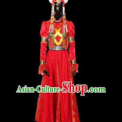 Chinese Mongolian People Yuan Dynasty Mongolians Dance Costumes Queen Princess Empress Clothing Dress Garment Complete Set for Women Girls