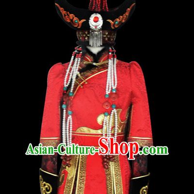 Chinese Mongolian People Yuan Dynasty Mongolians Dance Costumes Queen Princess Empress Clothing Dress Garment Complete Set for Women Girls