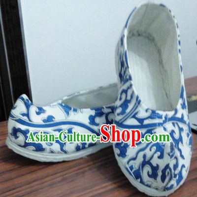 White Blue Chinese Ancient Handmade Traditional Bow Fabric Shoes for Women and Girls