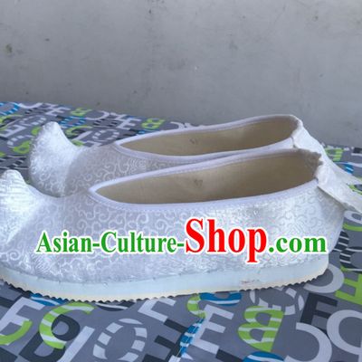 White Chinese Ancient Handmade Traditional Bow Fabric Shoes