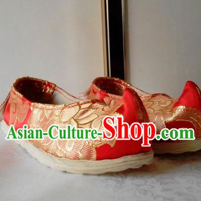 Red Chinese Ancient Handmade Traditional Bow Fabric Shoes for Women and Girls