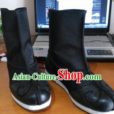 Ancient Chinese Handmade Auspicious Cloud Long Black Boots for Men