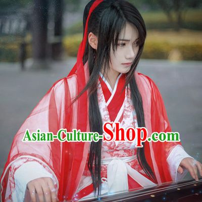 Top Chinese Ancient Red Musician Costumes Complete Set for Men