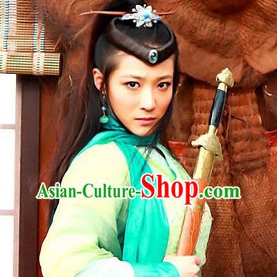 Chinese Classic Type of Black Kung Fu Women Long Wigs and Hair Clips for Women