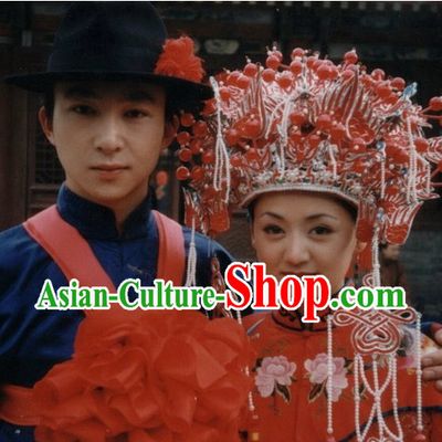 Chinese Traditional Classical Wedding Hairstyles Black Hat and Phoenix Coronet for Men and Women