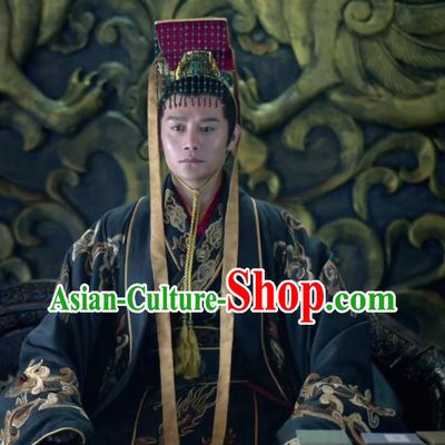 Ancient Chinese Style Emperor Costume Dress Authentic Clothes Culture Han Dresses Traditional National Dress Clothing and Headdress Complete Set