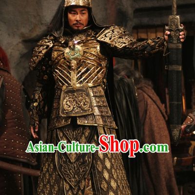 Ancient Chinese Style General Body Armor Costumes Dress Authentic Clothes Culture Traditional National Clothing and Headpieces Complete Set for Men