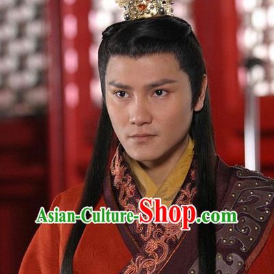Traditional Chinese Style Prince Long Black Wig and Handmade Coronet for Men