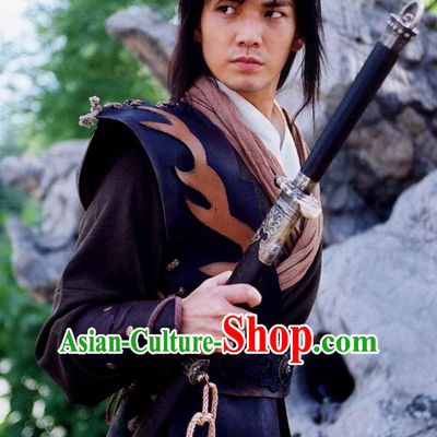Traditional Ancient Chinese Style Knight Black Full Wig and Headband Set for Men Teenagers Boys