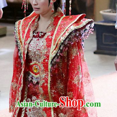 Traditional Chinese Ancient Style Princess Wedding Dresses Clothing and Phoenix Hat Complete Set for Women