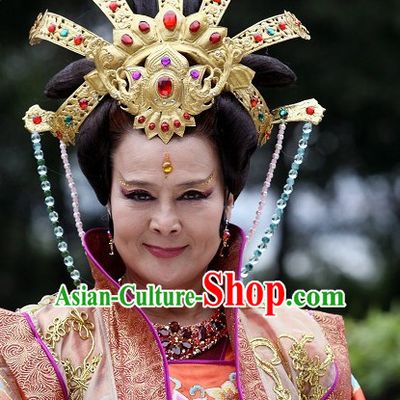 Traditional Ancient Chinese Style Imperial Palace Royal Princess Queen Empress Black Full Wigs and Headpieces Hair Jewelry Set for Women and Girls