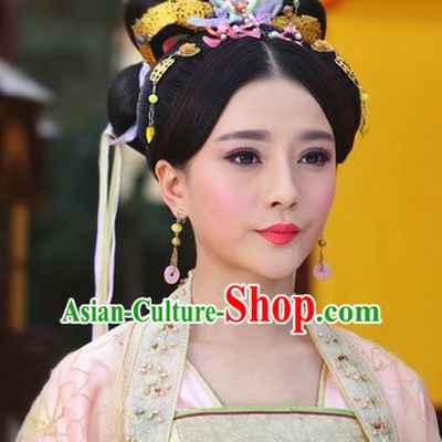 Traditional Ancient Chinese Style Imperial Palace Royal Princess Queen Empress Black Full Wigs and Headpieces Hair Jewelry Set for Women and Girls