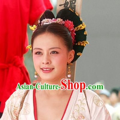 Traditional Ancient Chinese Style Imperial Palace Royal Princess Queen Empress Black Full Wigs and Headpieces Hair Jewelry Set for Women and Girls