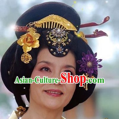 Traditional Ancient Chinese Style Imperial Palace Royal Princess Queen Empress Black Full Wigs and Headpieces Hair Jewelry Set for Women and Girls