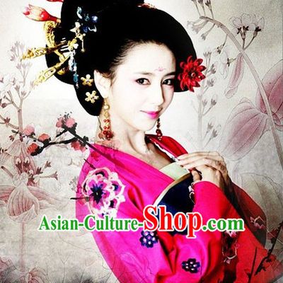 Traditional Ancient Chinese Style Imperial Palace Royal Princess Queen Empress Black Full Wigs and Headpieces Hair Jewelry Set for Women and Girls