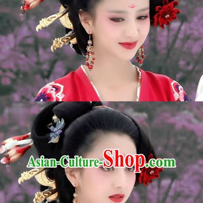 Traditional Ancient Chinese Style Imperial Palace Royal Princess Queen Empress Black Full Wigs and Headpieces Hair Jewelry Set for Women and Girls