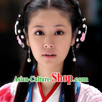 Traditional Ancient Chinese Style Lady Female Black Full Wigs and Headpieces Hair Jewelry Set for Women and Girls