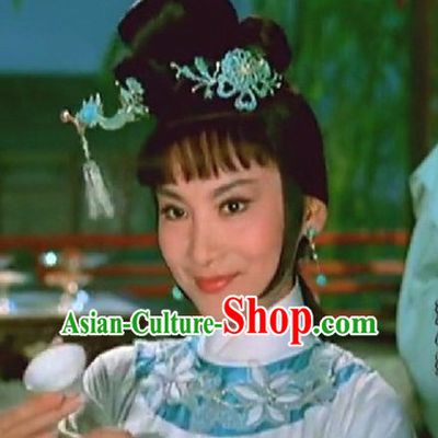 Traditional Ancient Chinese Style Lady Female Black Full Wigs and Headpieces Hair Jewelry Set for Women and Girls