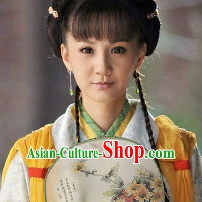 Traditional Ancient Chinese Style Lady Female Black Full Wigs and Headpieces Hair Jewelry Set for Women and Girls