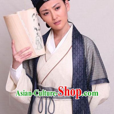 Traditional Chinese Ancient Student Scholar Costumes and Hat Complete Set