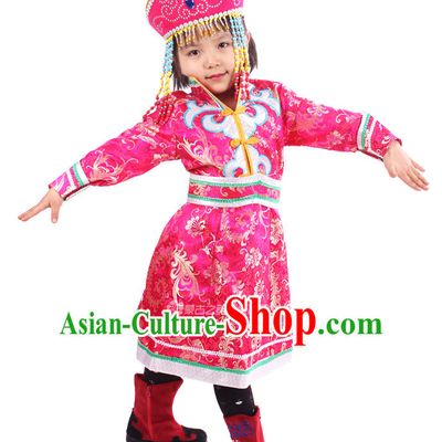 Chinese Traditional Mongolian Clothing and Hat Complete Set for Girls