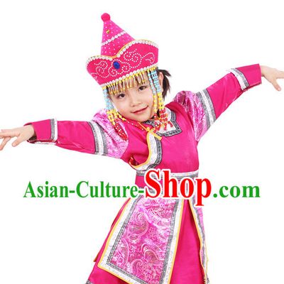 Chinese Traditional Ethnic Mongolian Clothes and Hat Complete Set for Girls