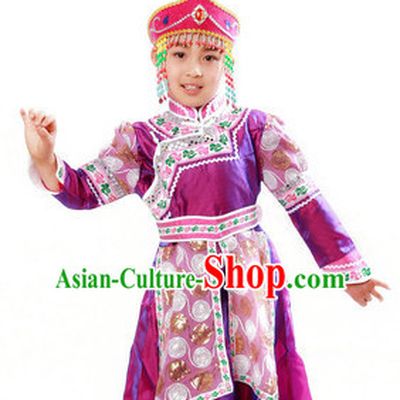 Chinese Traditional Ethnic Mongolian Suit and Hat Complete Set for Girls