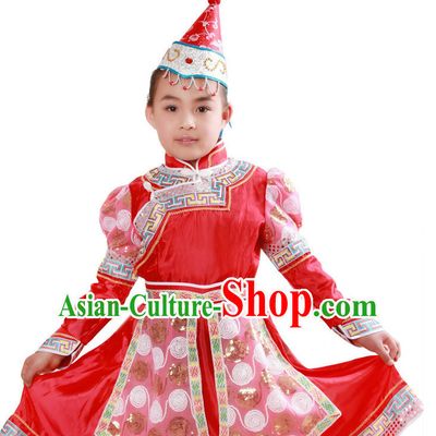 Chinese Traditional Ethnic Mongolian Suit and Hat Complete Set for Girls