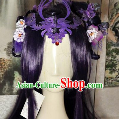Ancient Chinese Imperial Royal Princess Long Black Wigs and Hair Jewelry