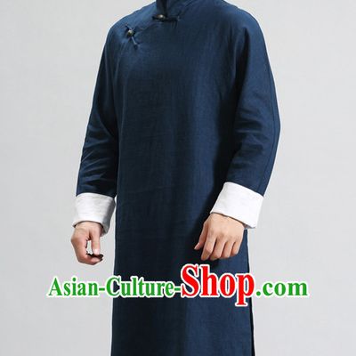 Deep Blue Long Minguo Style Male Mandarin Robe for Men or Boys