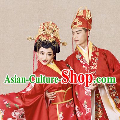 Ancient Chinese Bridal Wedding Garment and Headpieces Complete Set for Brides and Bridegrooms