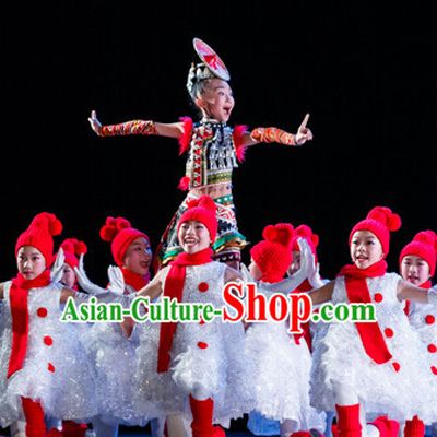 Chinese Snowman Dance Costume and Headdress for Children