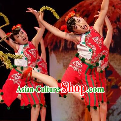 Chinese Folk Dance Costume and Headdress for Children Girls