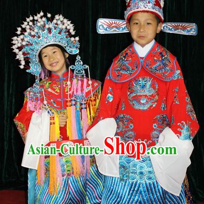 Chinese Opera Bridal Wedding Costumes and Hats 2 Complete Sets for Children Boys and Girls