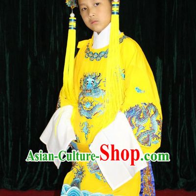 Chinese Opera Emperor Dragon Robe Costumes and Hat Complete Set for Children Boys