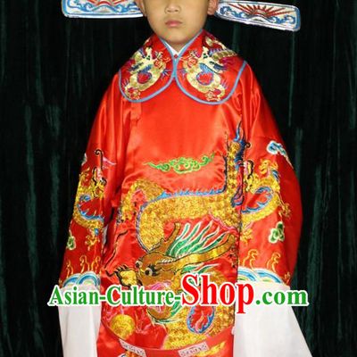 Chinese Opera Official Dragon Robe Costumes and Hat Complete Set for Children Boys