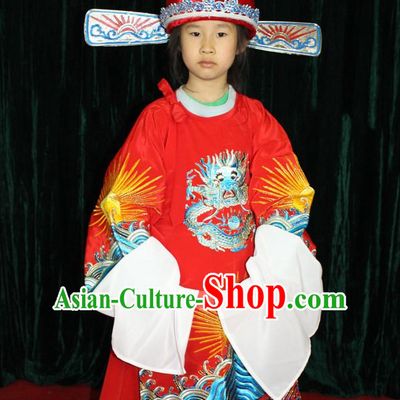 Chinese Opera Official Bridegroom Dragon Embroidery Costumes and Hat Complete Set for Children Boys