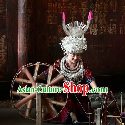Chinese Traditional Miao Ethnic Clothing and Silver Hat Complete Set for Women or Girls
