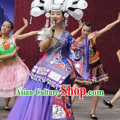 Top Chinese Traditional Miao Ethnic Garment and Hat Complete Set for Women or Girls