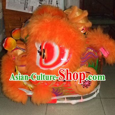 Top Orange Chinese Classic 100_ Natural Long Wool Fut San Style Lion Dance Costumes Complete Set