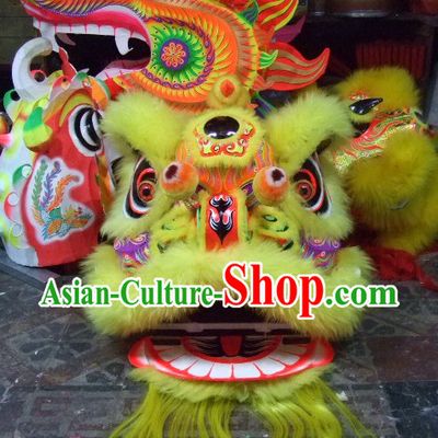 Top Yellow Chinese Classic 100_ Natural Long Wool Fut San Style Lion Dance Costumes Complete Set