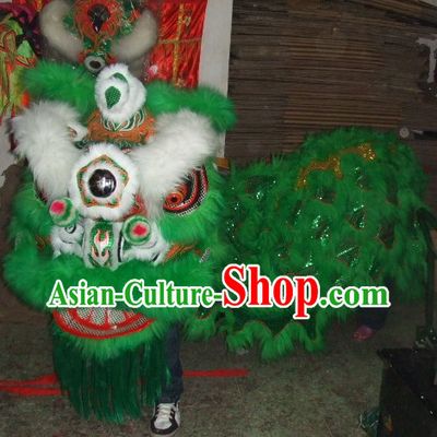 Top Green White Eyebrow Chinese Traditional 100_ Natural Long Futsan Style Lion Dance Costumes Complete Set