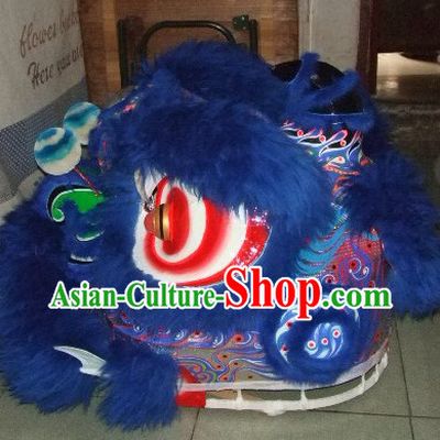 Top Deep Blue 100_ Natural Long Wool Chinese Traditional Futsan Style Lion Dancing Uniforms Complete Set