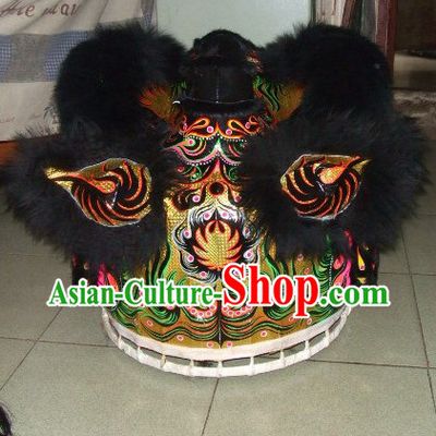Top Black Teenagers Students Chinese Classical 100_ Natural Long Wool Fut San Lion Dance Costumes Complete Set