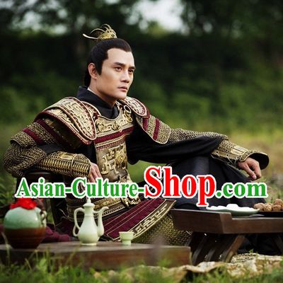 Chinese Ancient General Armor Costume and Hair Accessories Complete Set for Men