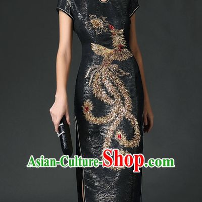 Traditional Handmade Shinning Sequined Phoenix Long Cheongsam