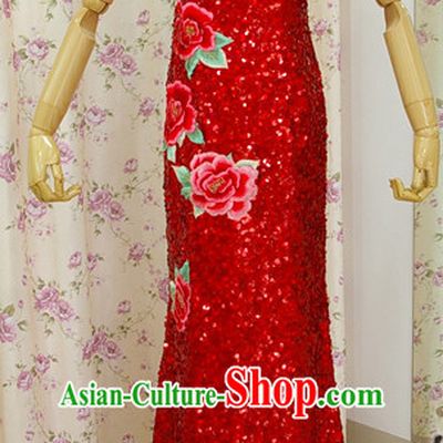 Traditional Handmade Shinning Sequined Peony Long Cheongsam