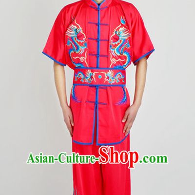 Chinese Traditional Style Martial Arts Summer Wear Kung Fu Gongfu Wushu Embroidered Phoenix Uniforms for Men Women Children