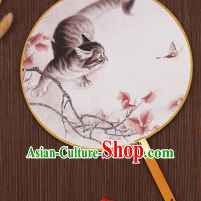 Ancient Chinese Classic Handmade Cat Palace Fan Round Fan Mandarin Fan Gong Shan Dance Fan