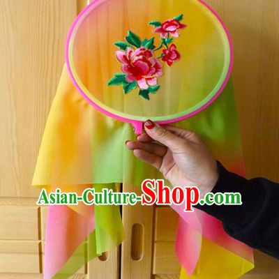 Ancient Chinese Style Embroidered Flower Long Ribbon Dance Fan Dancing Fans